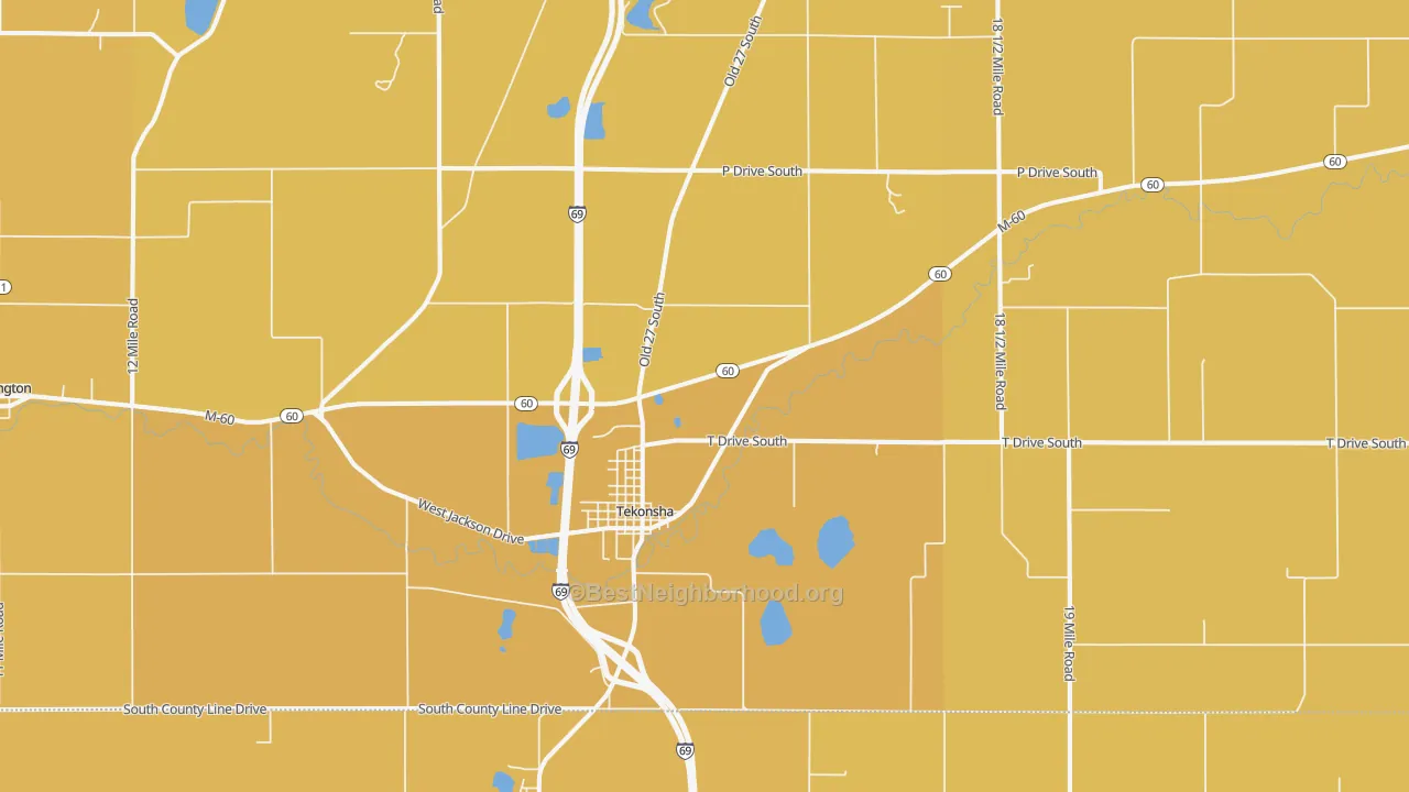 Map of the best neighborhoods in the Tekonsha area, with better matches in green and worse matches in red