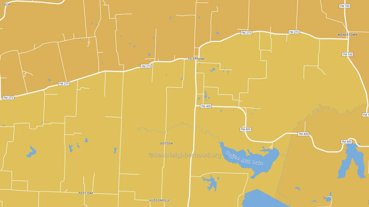 Map of the best neighborhoods in the Telephone area, with better matches in green and worse matches in red