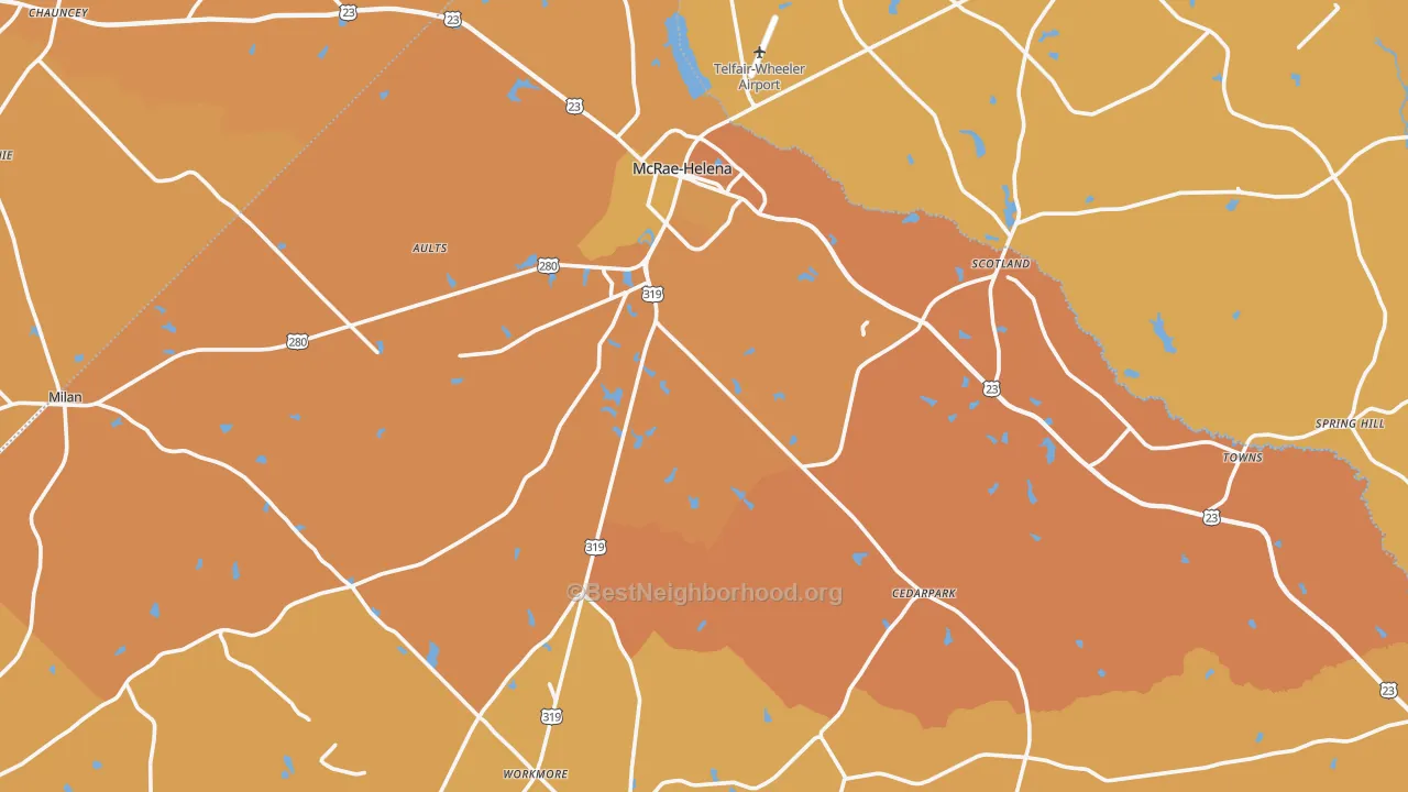 Map of the best neighborhoods in the Telfair County area, with better matches in green and worse matches in red