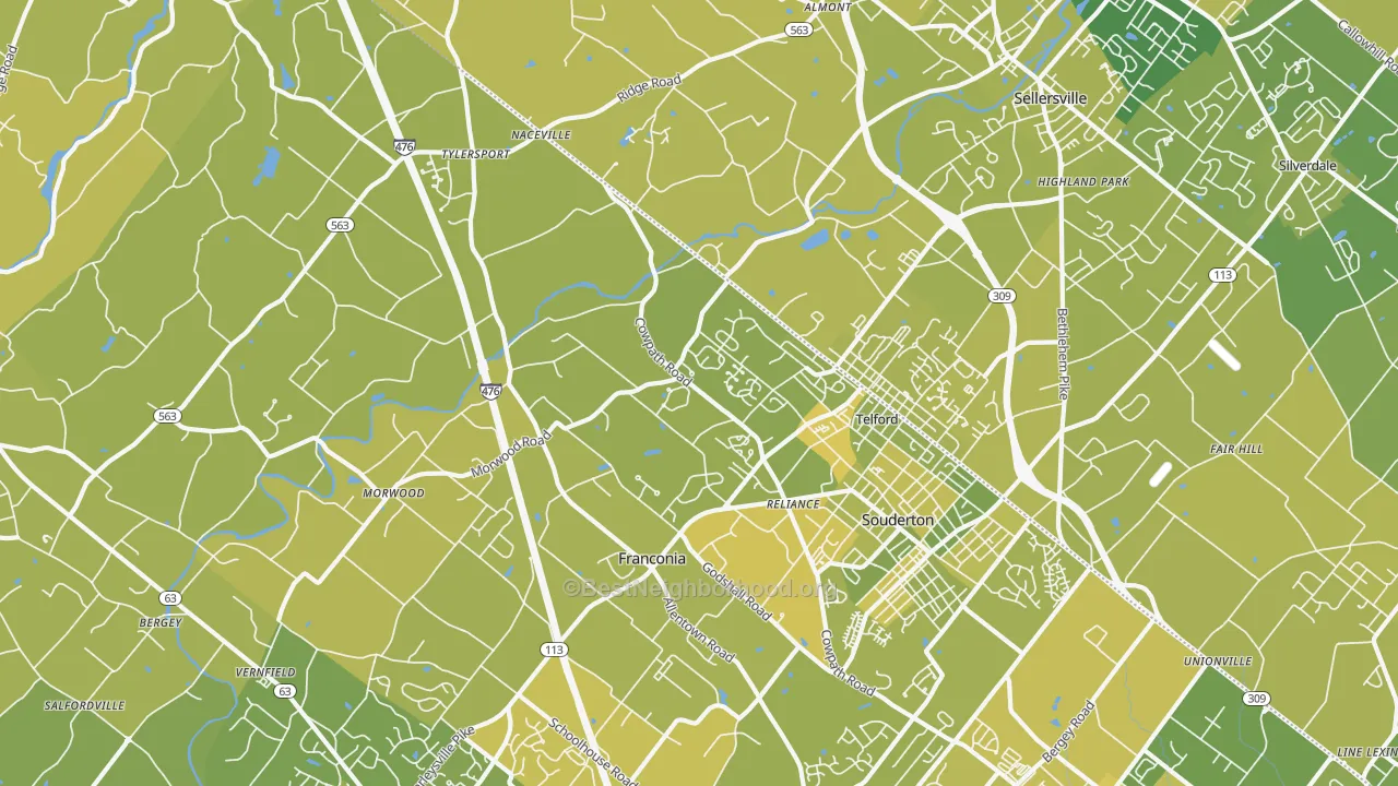 Map of the best neighborhoods in the Telford area, with better matches in green and worse matches in red