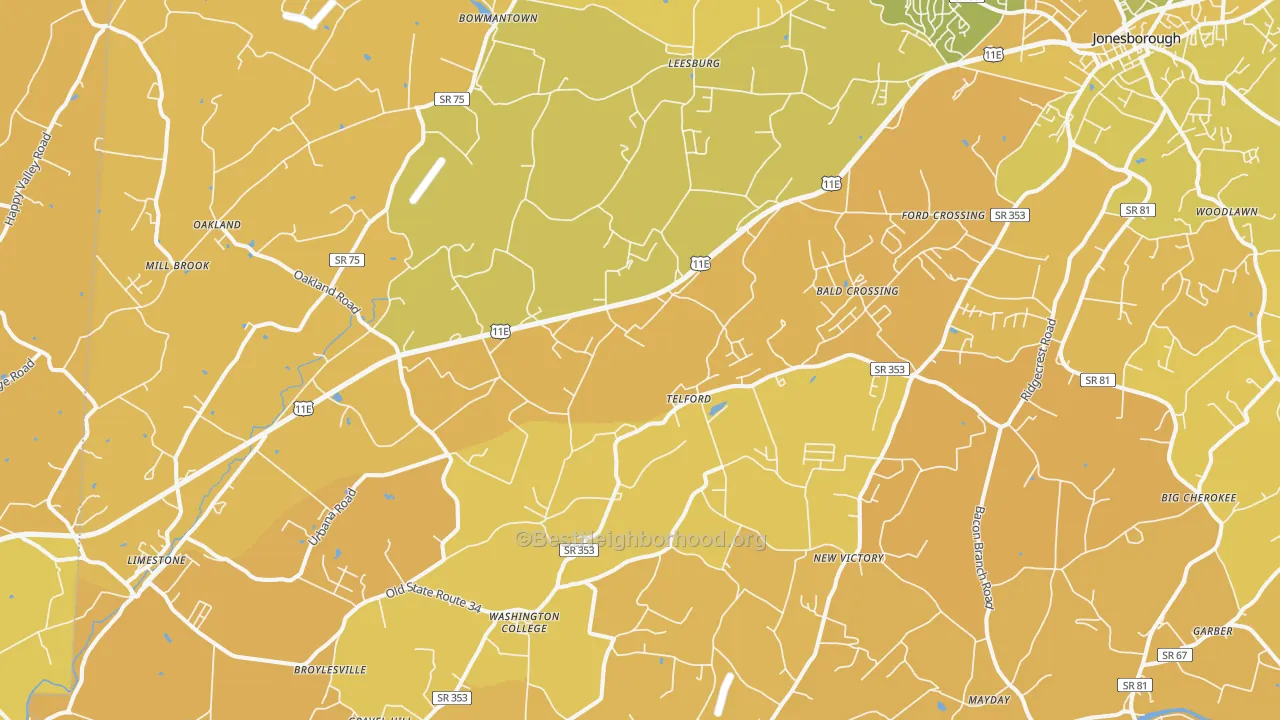 Map of the best neighborhoods in the Telford area, with better matches in green and worse matches in red
