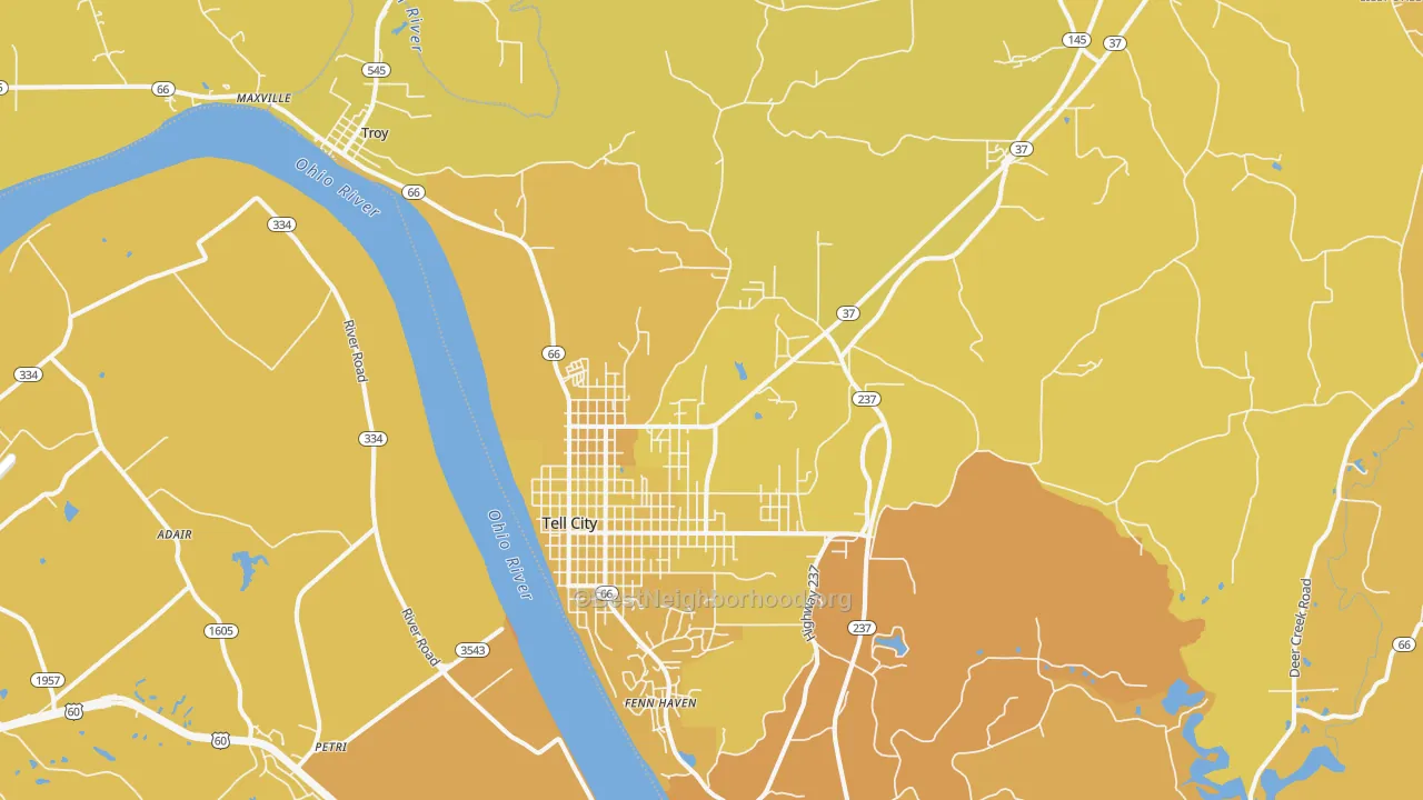 Map of the best neighborhoods in the Tell City area, with better matches in green and worse matches in red