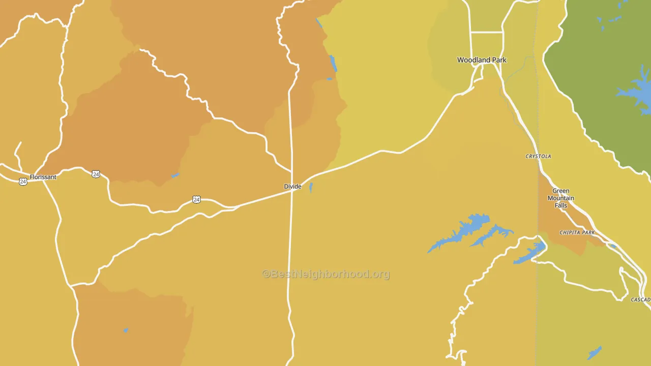Map of the best neighborhoods in the Teller County area, with better matches in green and worse matches in red