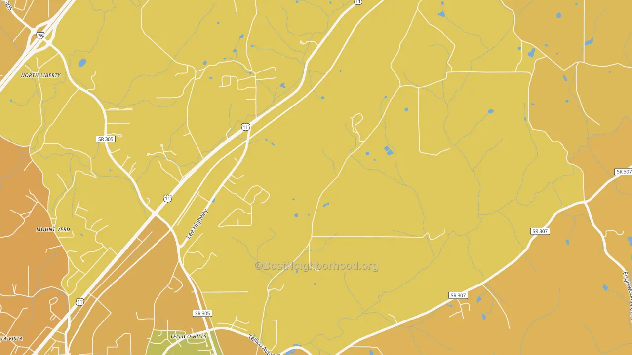 Map of the best neighborhoods in the Tellico Hills area, with better matches in green and worse matches in red