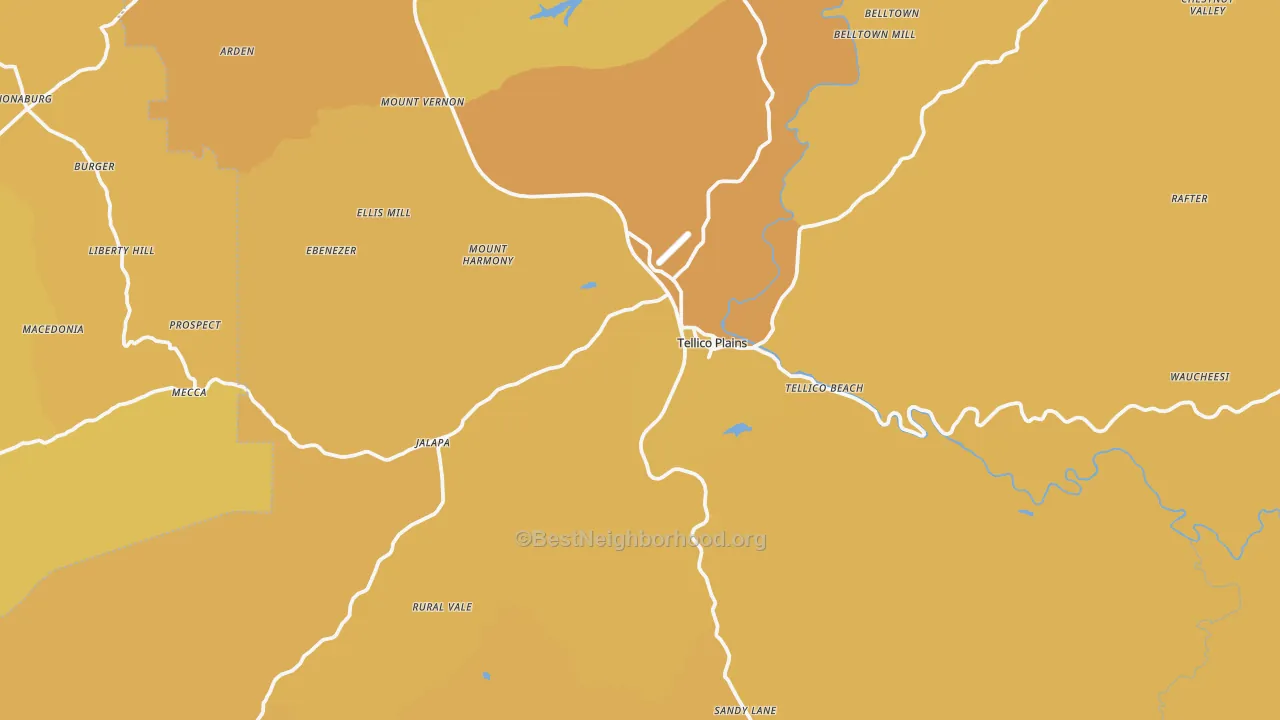Map of the best neighborhoods in the Tellico Plains area, with better matches in green and worse matches in red