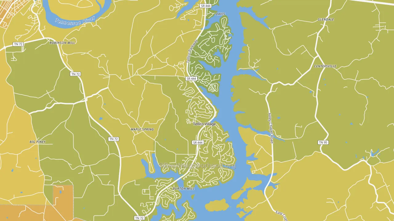 Map of the best neighborhoods in the Tellico Village area, with better matches in green and worse matches in red