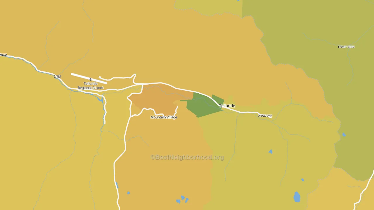 Map of the best neighborhoods in the Telluride area, with better matches in green and worse matches in red