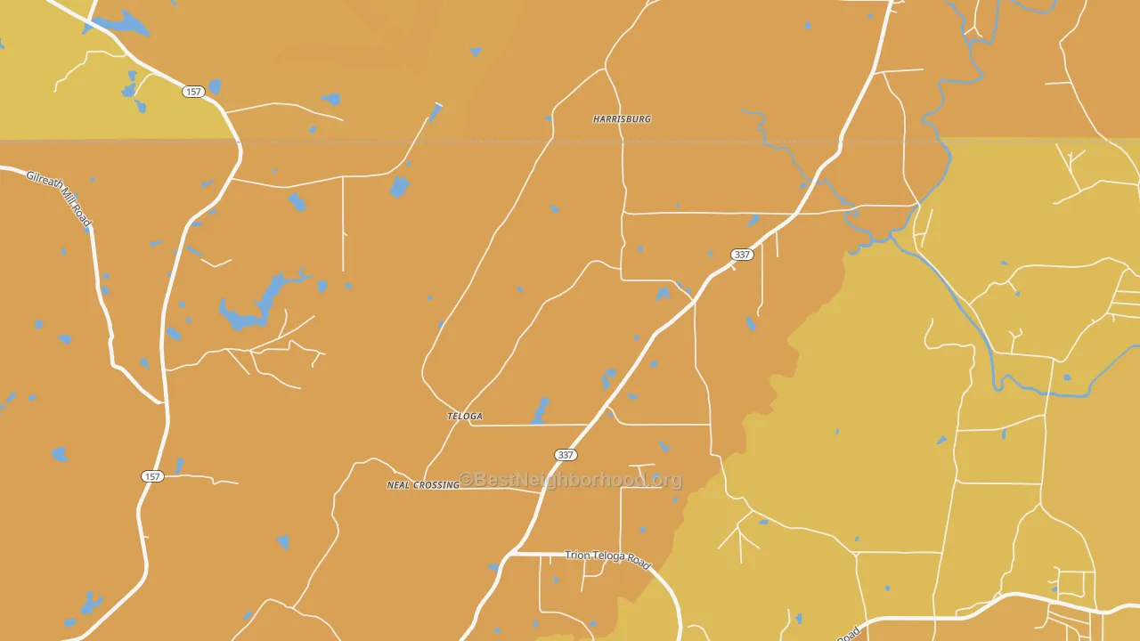 Map of the best neighborhoods in the Teloga area, with better matches in green and worse matches in red