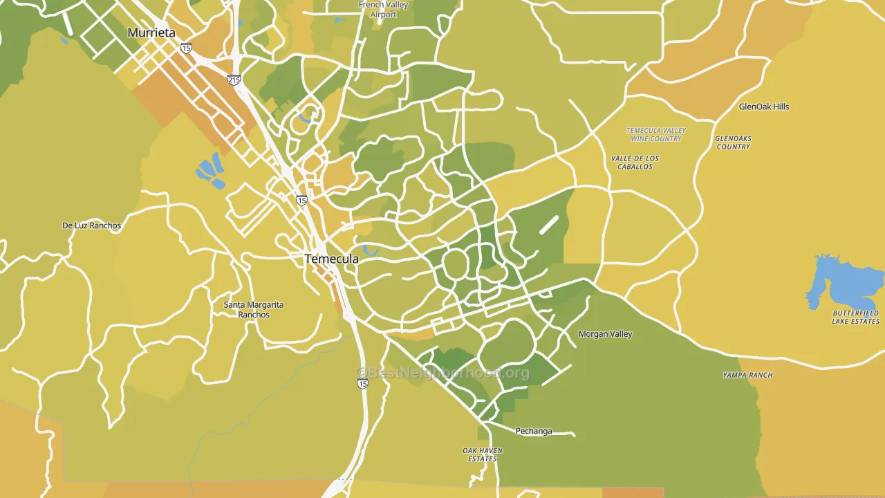 Map of the best neighborhoods in the Temecula area, with better matches in green and worse matches in red