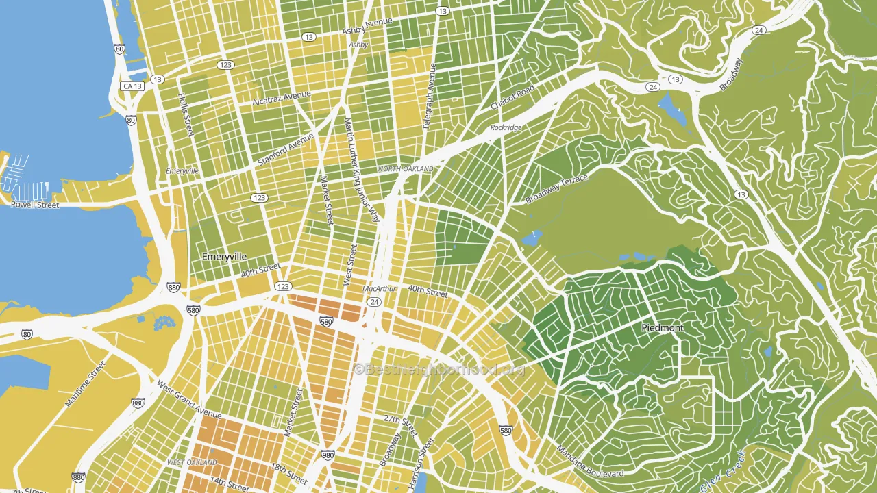 Map of the best neighborhoods in the Temescal, Oakland area, with better matches in green and worse matches in red