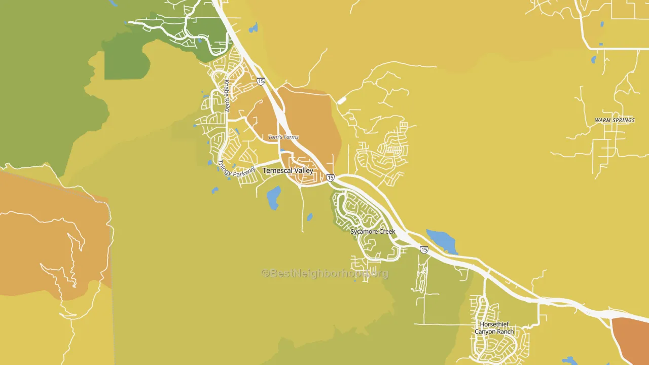 Map of the best neighborhoods in the Temescal Valley area, with better matches in green and worse matches in red