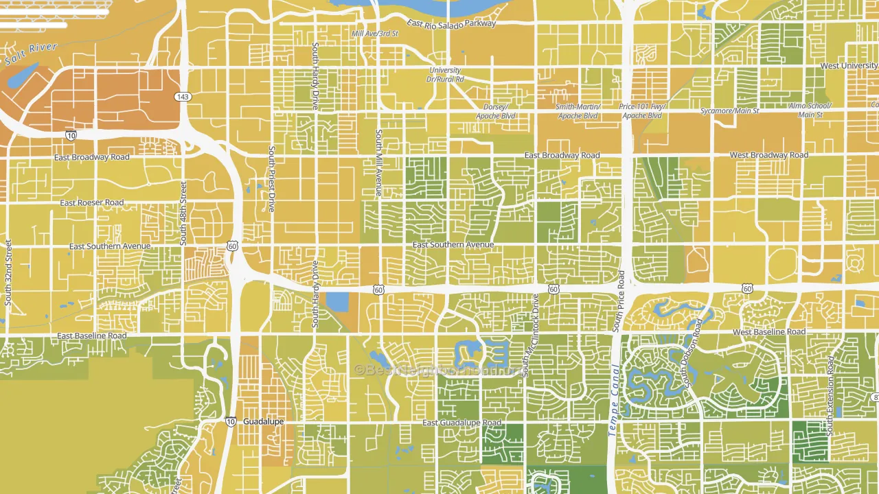 Map of the best neighborhoods in the Tempe area, with better matches in green and worse matches in red