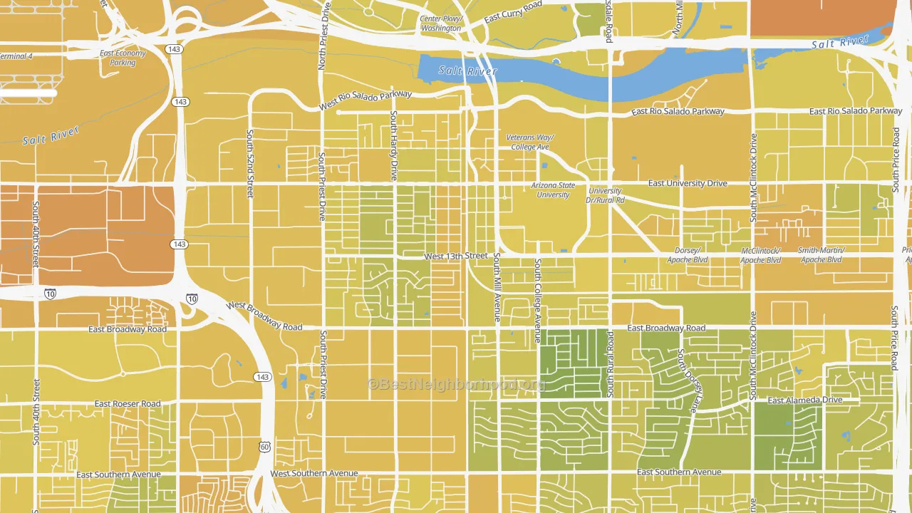 Map of the best neighborhoods in the Tempe Junction, Tempe area, with better matches in green and worse matches in red