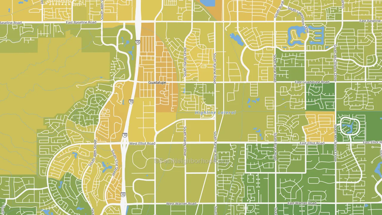 Map of the best neighborhoods in the Tempe Royal Estates, Tempe area, with better matches in green and worse matches in red