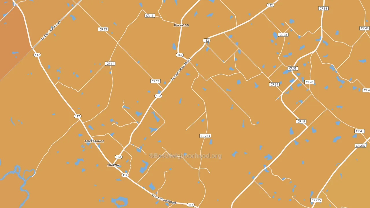 Map of the best neighborhoods in the Temperance area, with better matches in green and worse matches in red