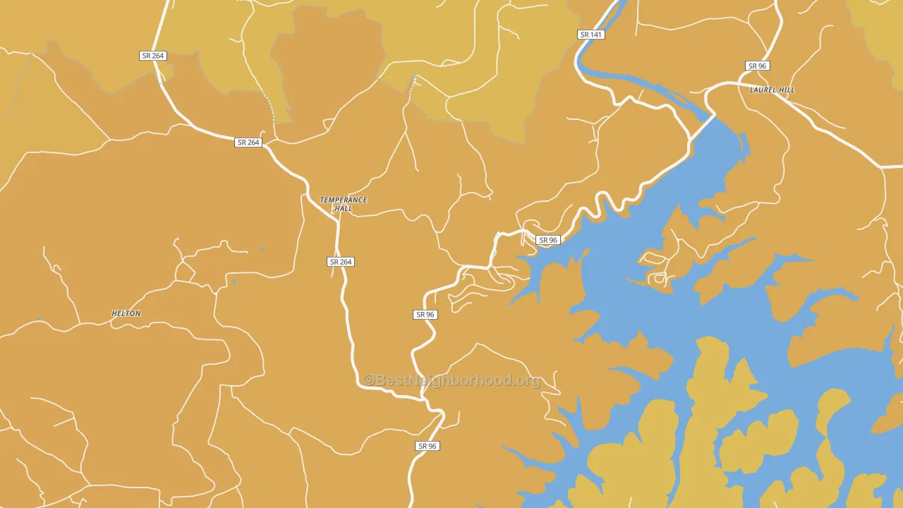 Map of the best neighborhoods in the Temperance Hall area, with better matches in green and worse matches in red