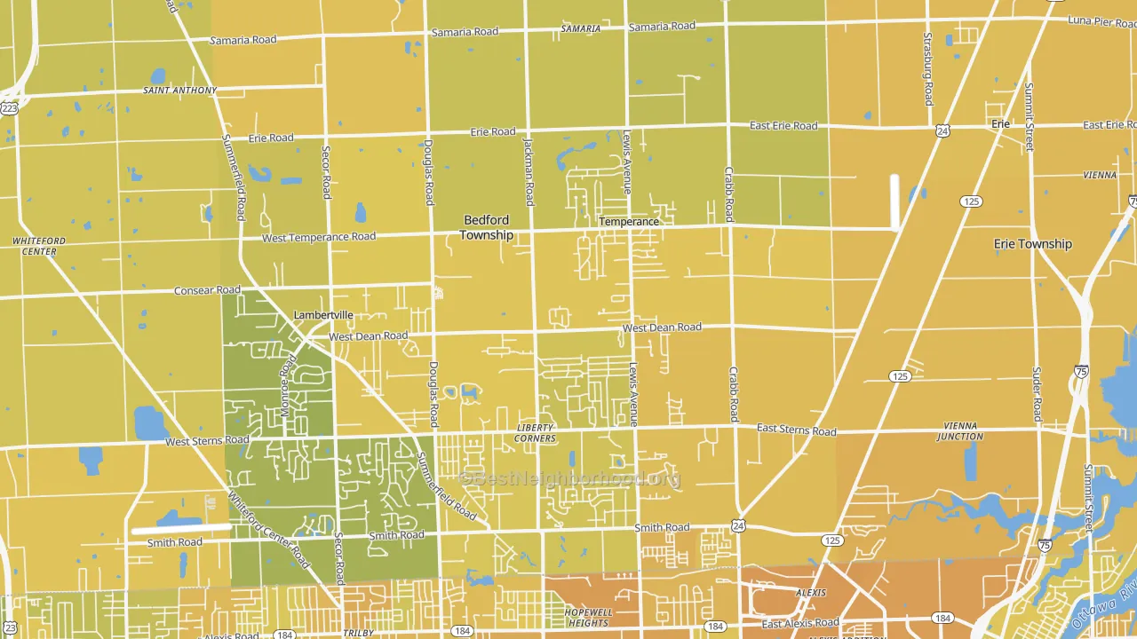 Map of the best neighborhoods in the Temperance area, with better matches in green and worse matches in red