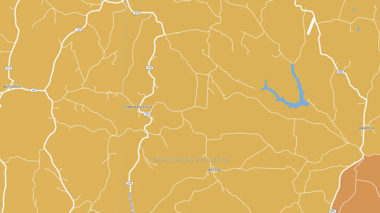 Map of the best neighborhoods in the Temperanceville area, with better matches in green and worse matches in red
