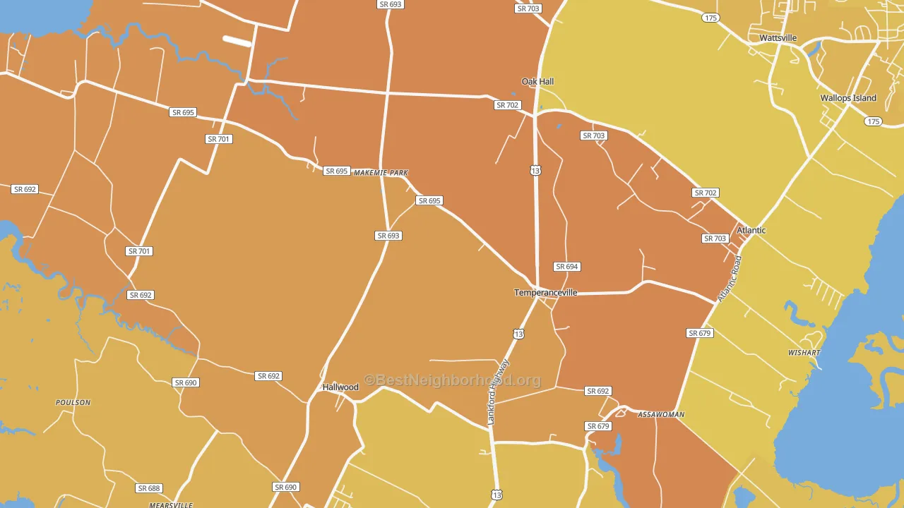 Map of the best neighborhoods in the Temperanceville area, with better matches in green and worse matches in red