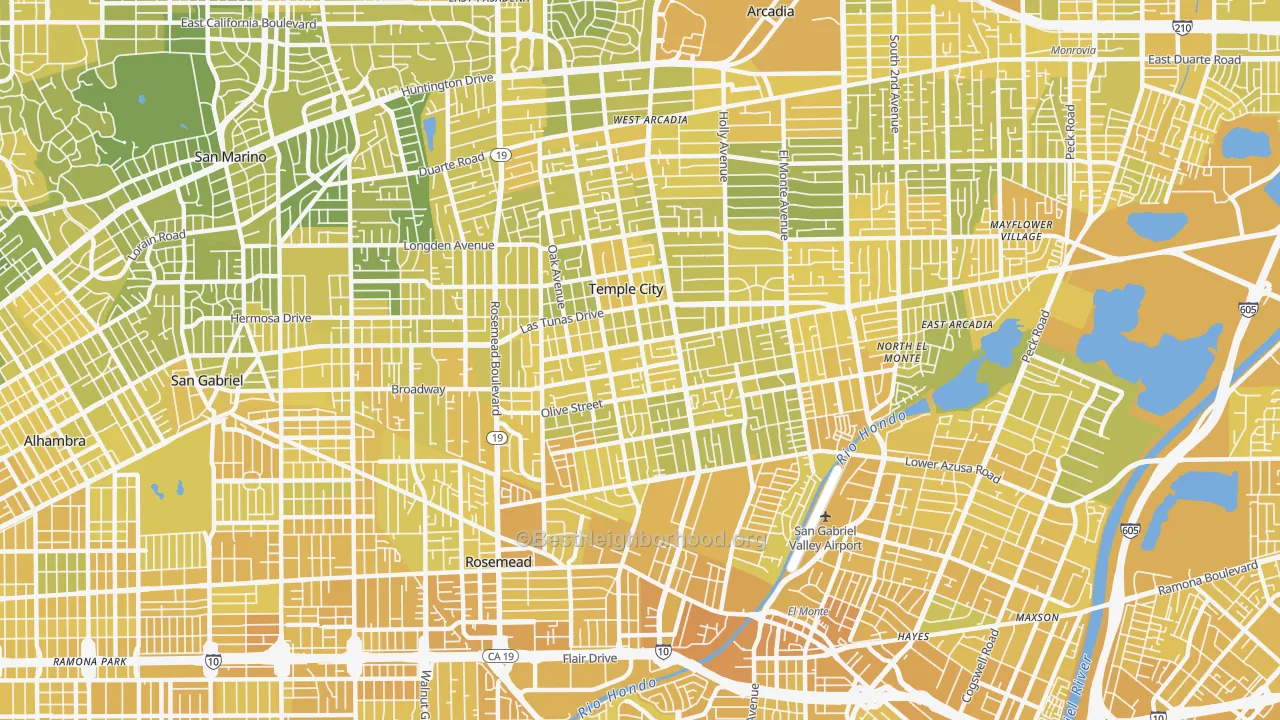 Map of the best neighborhoods in the Temple City area, with better matches in green and worse matches in red