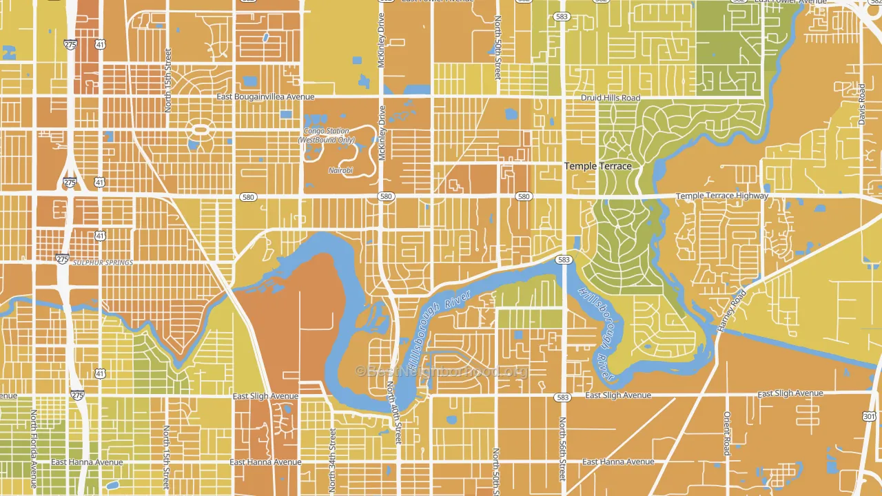 Map of the best neighborhoods in the Temple Crest, Tampa area, with better matches in green and worse matches in red