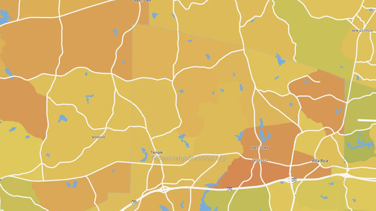 Map of the best neighborhoods in the Temple area, with better matches in green and worse matches in red