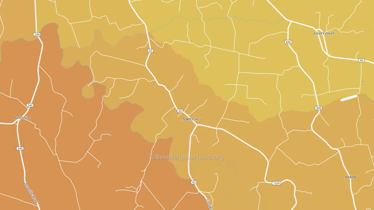 Map of the best neighborhoods in the Temple Hill area, with better matches in green and worse matches in red
