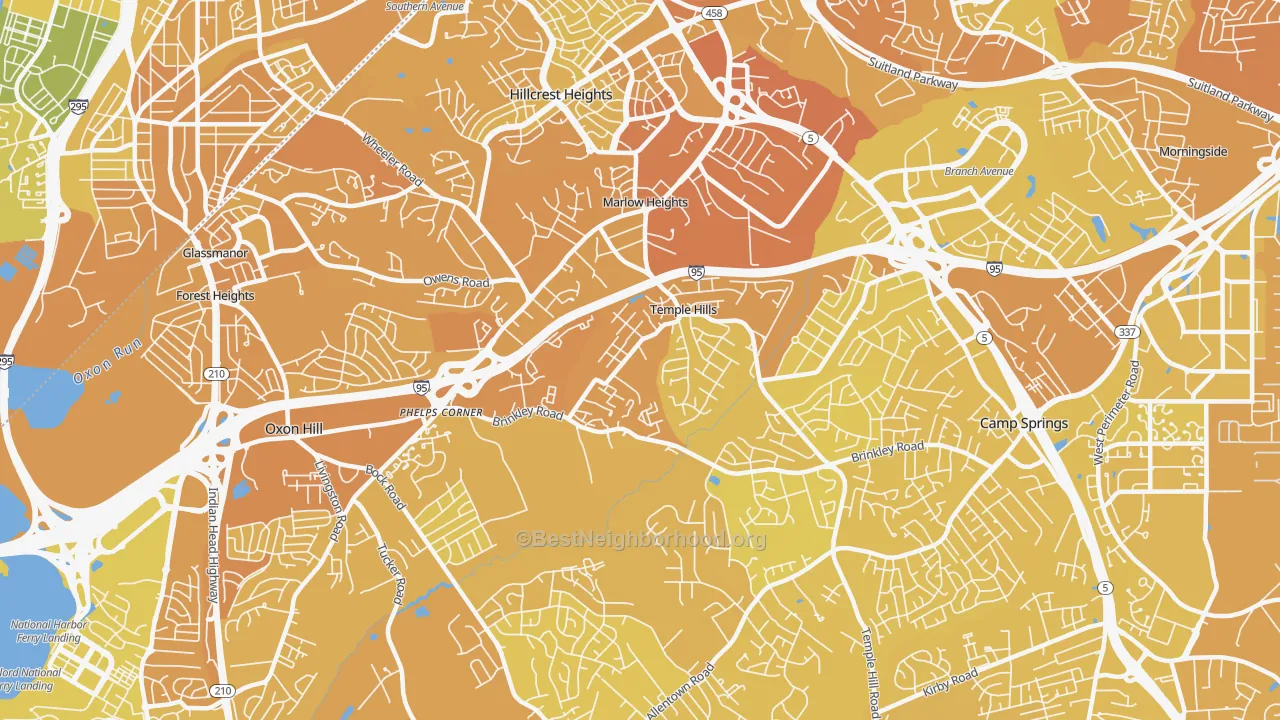 Map of the best neighborhoods in the Temple Hills area, with better matches in green and worse matches in red