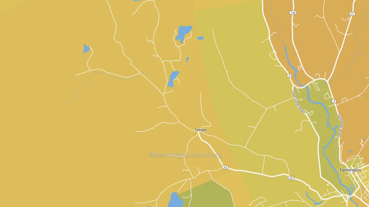 Map of the best neighborhoods in the Temple area, with better matches in green and worse matches in red