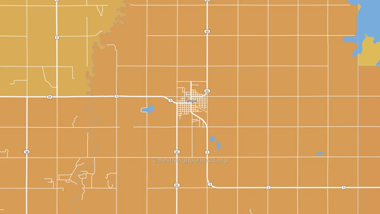 Map of the best neighborhoods in the Temple area, with better matches in green and worse matches in red