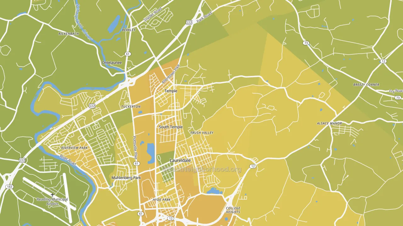 Map of the best neighborhoods in the Temple area, with better matches in green and worse matches in red
