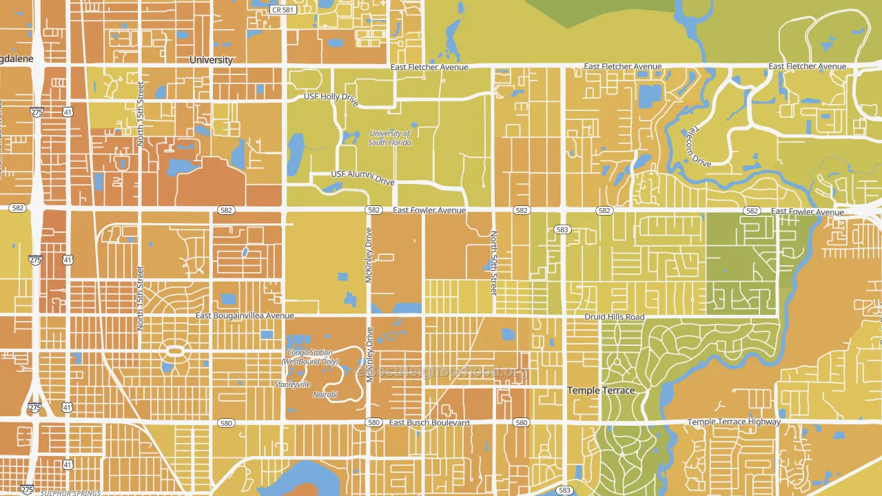 Map of the best neighborhoods in the Temple Park, Tampa area, with better matches in green and worse matches in red