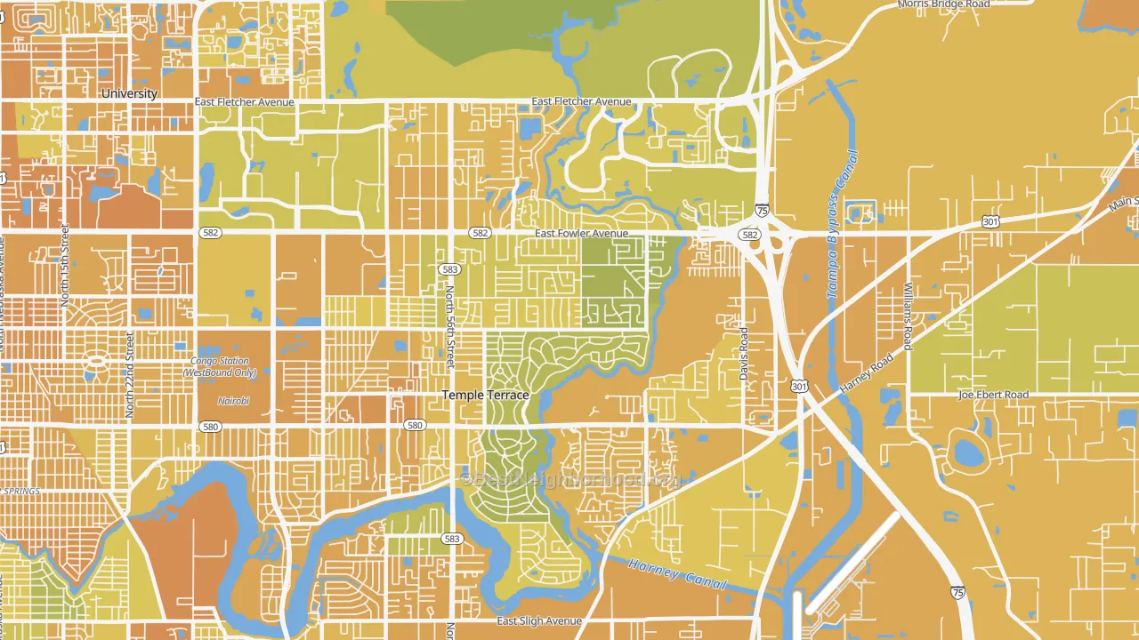 Map of the best neighborhoods in the Temple Terrace area, with better matches in green and worse matches in red