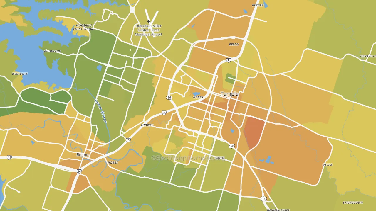 Map of the best neighborhoods in the Temple area, with better matches in green and worse matches in red