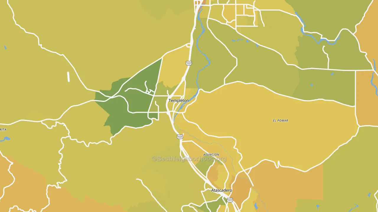 Map of the best neighborhoods in the Templeton area, with better matches in green and worse matches in red