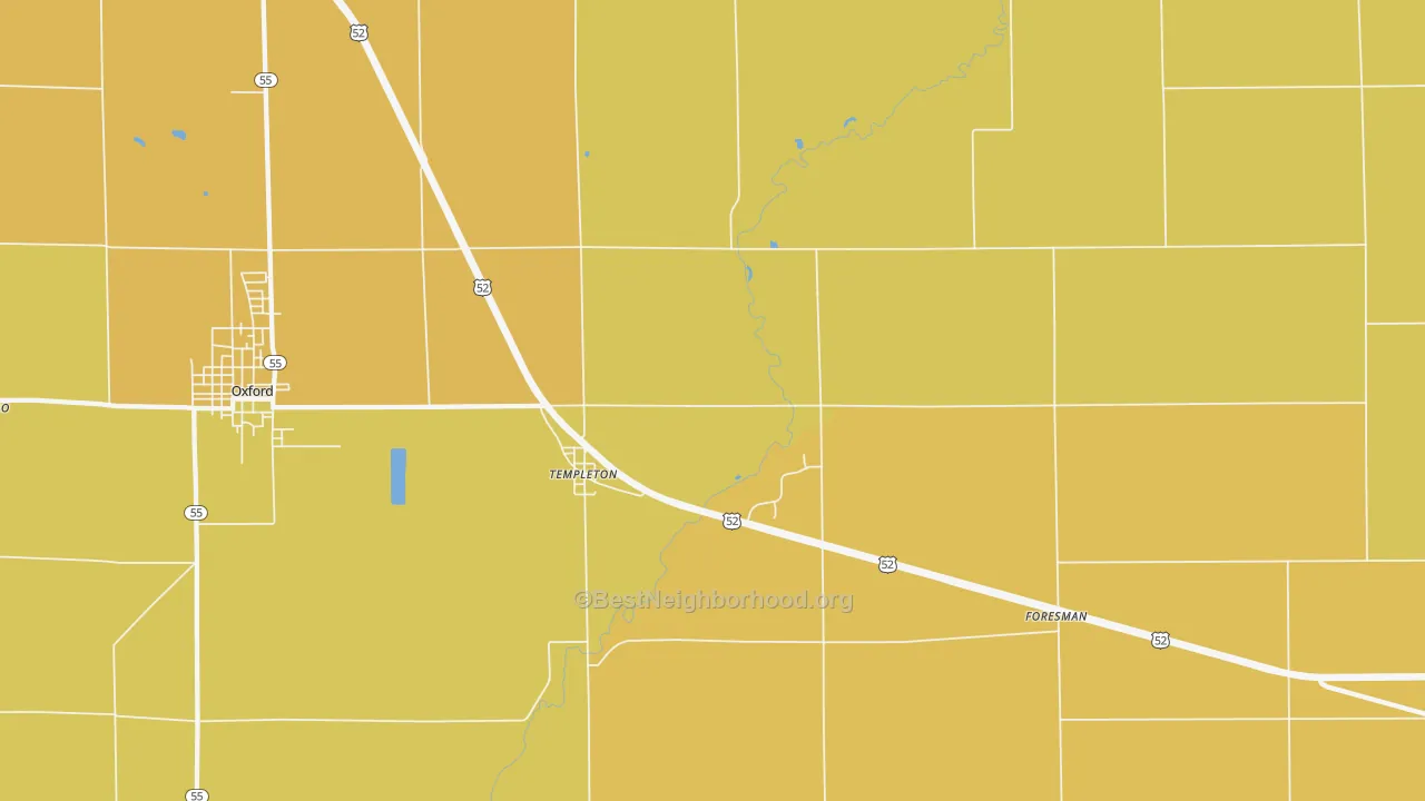 Map of the best neighborhoods in the Templeton area, with better matches in green and worse matches in red