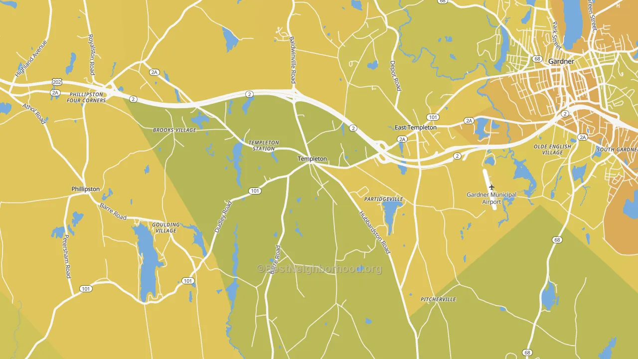 Map of the best neighborhoods in the Templeton area, with better matches in green and worse matches in red