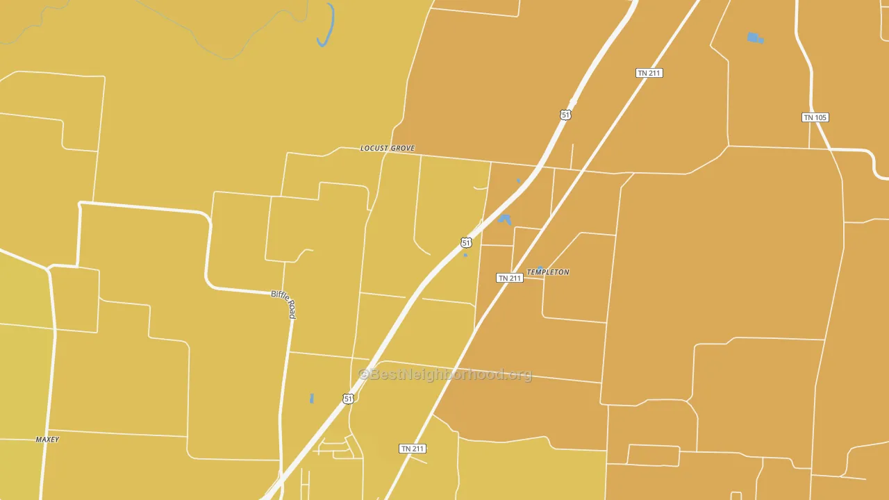 Map of the best neighborhoods in the Templeton area, with better matches in green and worse matches in red
