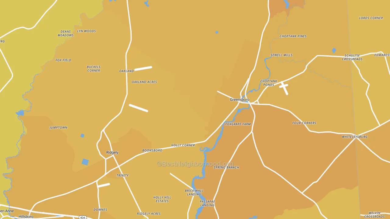 Map of the best neighborhoods in the Templeville area, with better matches in green and worse matches in red