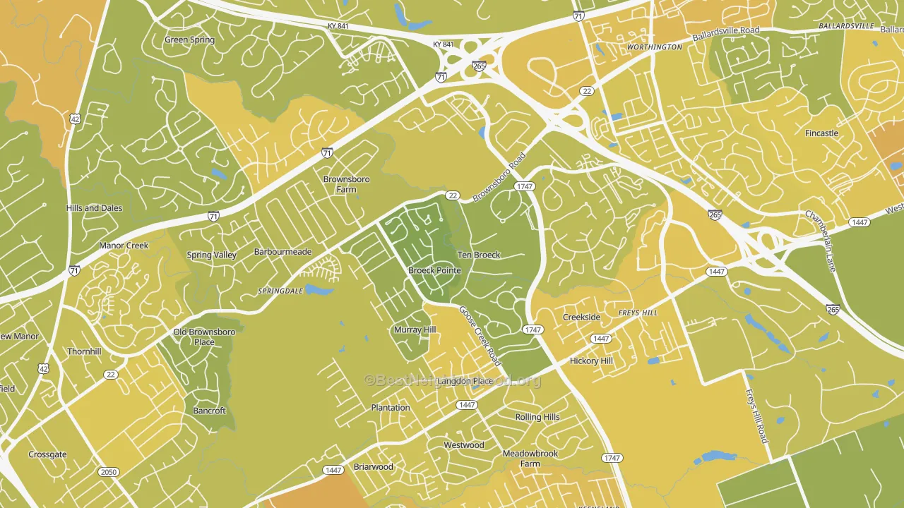 Map of the best neighborhoods in the Ten Broeck area, with better matches in green and worse matches in red
