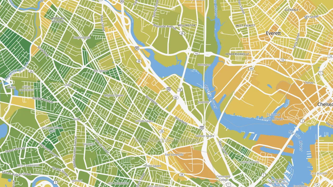 Map of the best neighborhoods in the Ten Hills, Somerville area, with better matches in green and worse matches in red