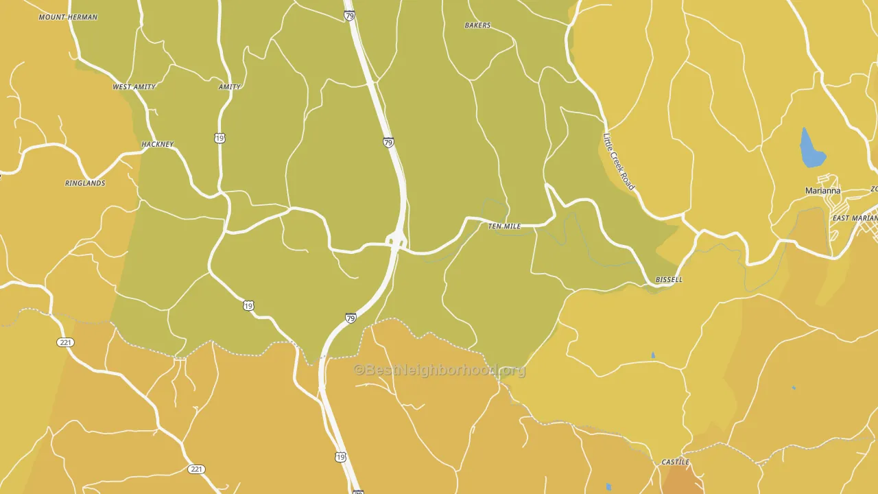 Map of the best neighborhoods in the Ten Mile area, with better matches in green and worse matches in red