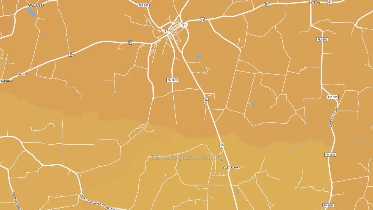 Map of the best neighborhoods in the Tenaha area, with better matches in green and worse matches in red