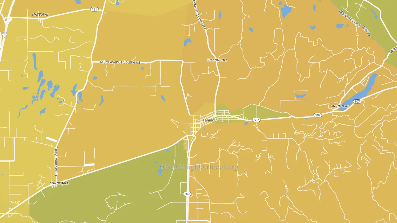 Map of the best neighborhoods in the Tenino area, with better matches in green and worse matches in red
