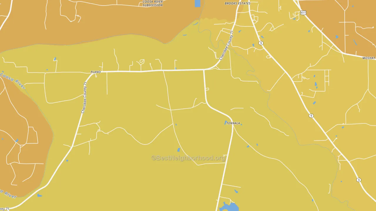 Map of the best neighborhoods in the Tennala area, with better matches in green and worse matches in red