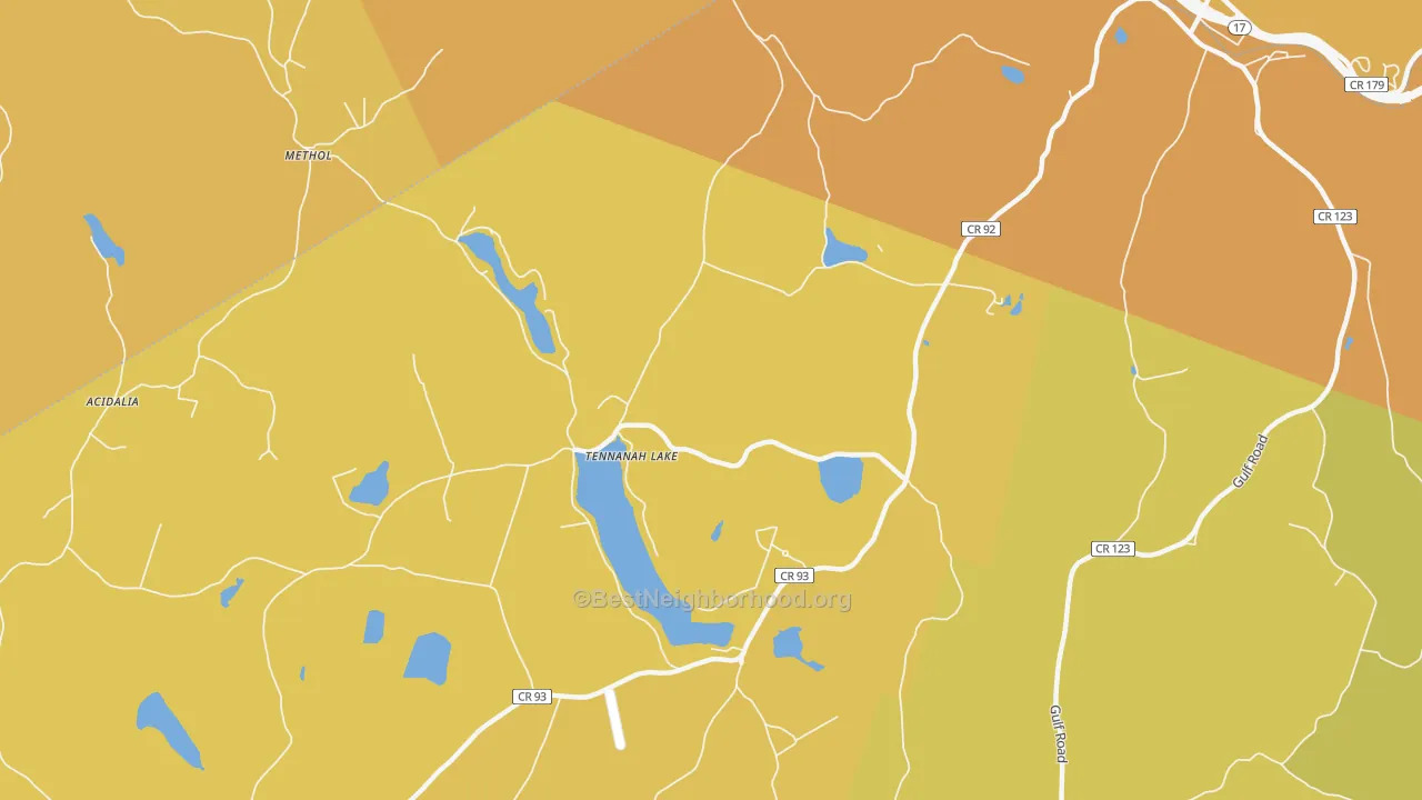 Map of the best neighborhoods in the Tennanah Lake area, with better matches in green and worse matches in red