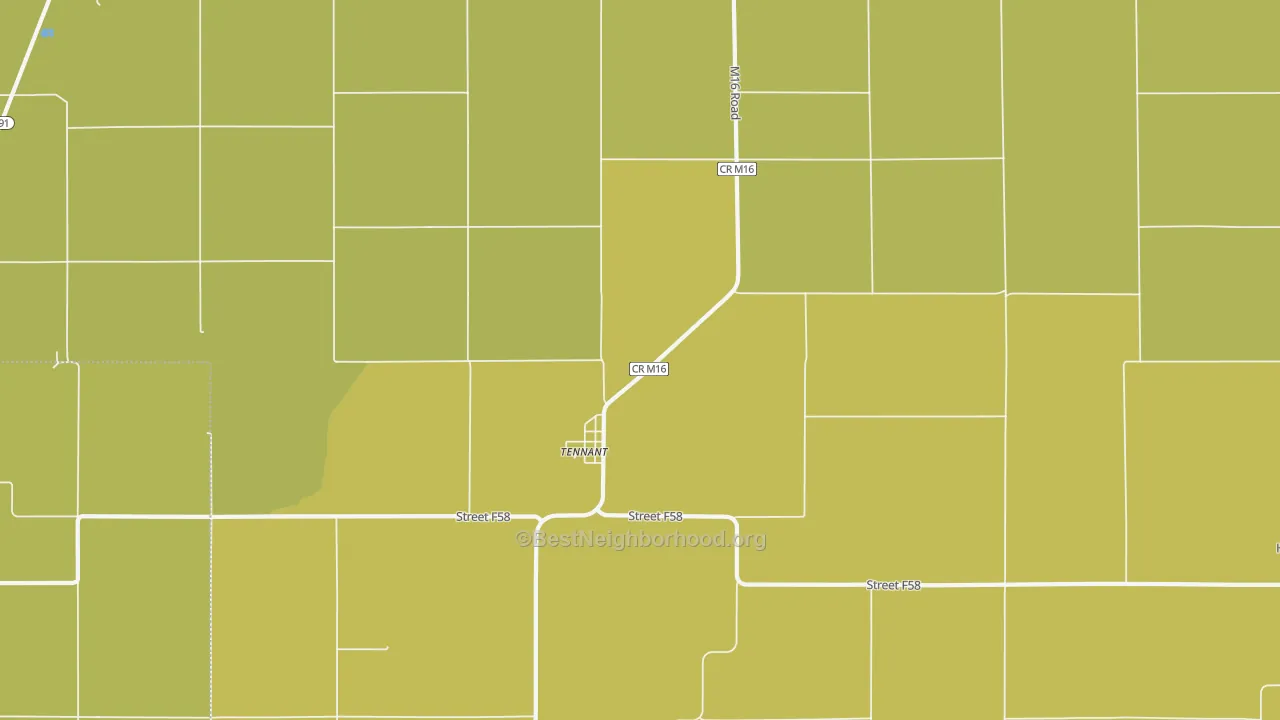 Map of the best neighborhoods in the Tennant area, with better matches in green and worse matches in red