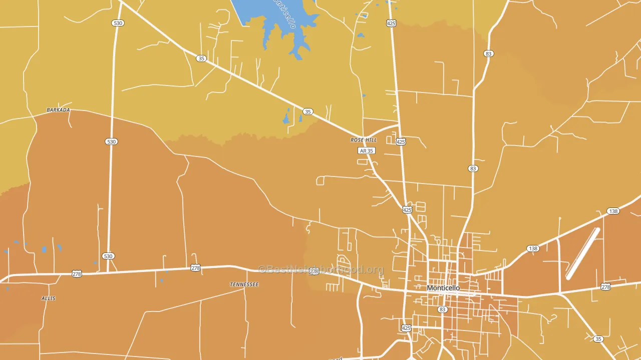 Map of the best neighborhoods in the Tennessee area, with better matches in green and worse matches in red