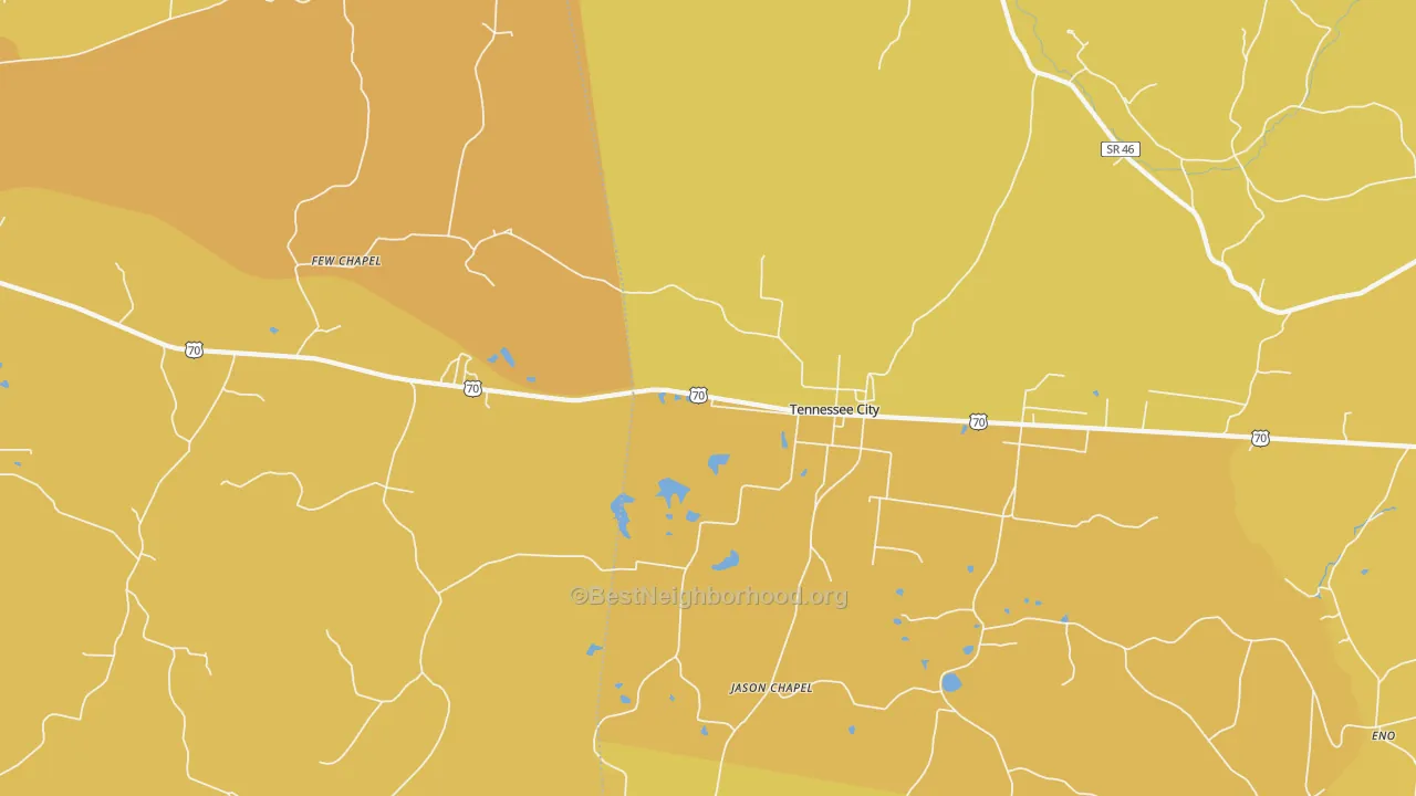 Map of the best neighborhoods in the Tennessee City area, with better matches in green and worse matches in red