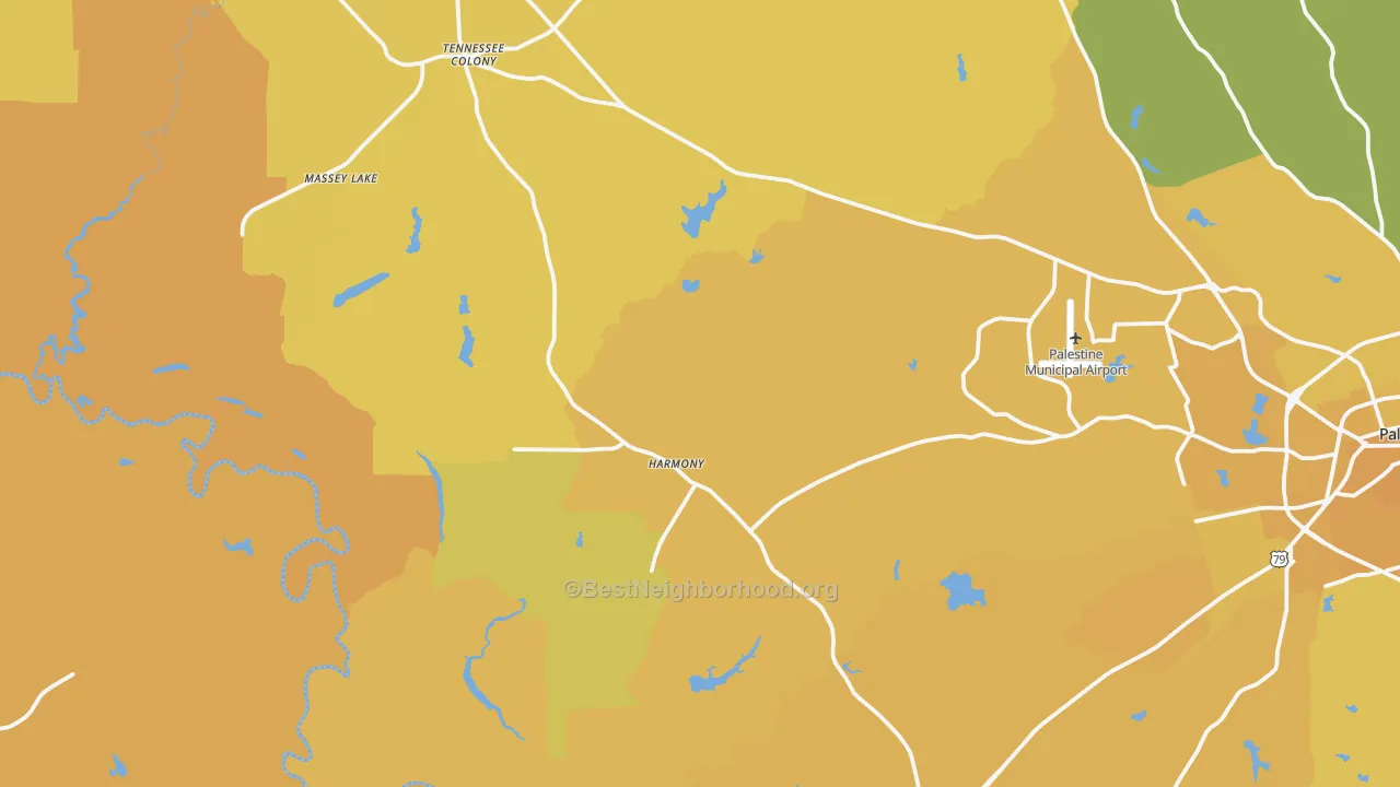 Map of the best neighborhoods in the Tennessee Colony area, with better matches in green and worse matches in red